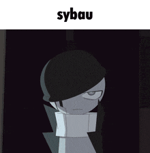 a black and white cartoon character with the word sybau below it