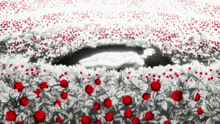 a black and white drawing of a person laying in a field of flowers