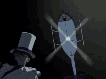 a man in a top hat is standing in front of a building and a helicopter