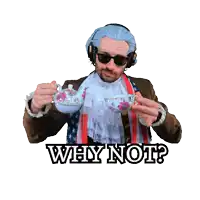 a man wearing a wig and sunglasses is pouring tea into a cup with the words why not below him