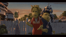 a couple of cartoon characters standing next to each other including a police officer