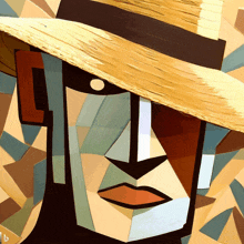 a painting of a man wearing a straw hat has the letter b on the bottom right