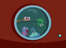 a group of cartoon characters looking out a window