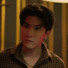 a young man wearing a plaid shirt and a chain around his neck is looking at the camera .