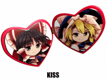 two heart shaped mirrors with anime characters on them and the word kiss underneath