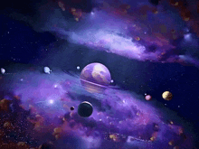 a purple planet with a ring around it is in the middle of a galaxy