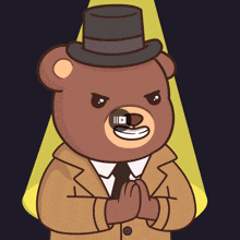 a cartoon bear wearing a top hat and a trench coat