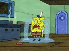 spongebob squarepants is crying while standing in a kitchen .