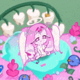a cartoon character with pink hair and wings is sitting on a bed with flowers and candles .