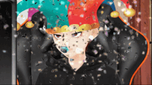 a cartoon character wearing a jester hat is surrounded by confetti and a phone