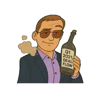 a cartoon of a man holding a bottle with q1 2021 deal flow written on it