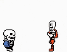 a pixel art of sans and papyrus with a picture of a man behind them that says true