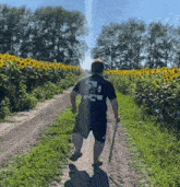 a man is walking down a dirt road in a sunflower field .