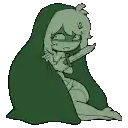 a cartoon character is wrapped in a green blanket holding a knife .
