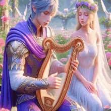 a man is playing a harp next to a woman