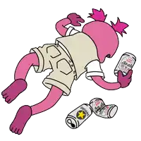 a cartoon character laying on the ground holding a can of asahi