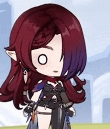 a cartoon girl with long red hair and purple hair is standing in a field .