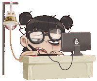 a cartoon of a girl sitting at a desk with a computer