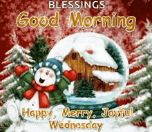 a snowman in a snow globe with the words blessings good morning happy merry joyful wednesday written on it