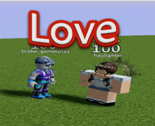 two roblox characters are standing next to each other in front of a banner that says love