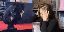 a woman kneeling down with her hands on her head in front of bookshelves