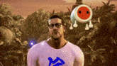 a man wearing glasses and a shirt that says ' a ' on it stands in front of a cartoon character