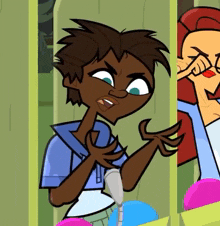a cartoon character with a blue shirt is making a face
