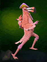 a cartoon flamingo with a purple hat carrying a smaller flamingo