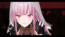 a girl with pink hair and red eyes is wearing a veil and gloves