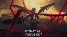 a man with wings and a sword is standing in front of a tree with a sunset in the background .