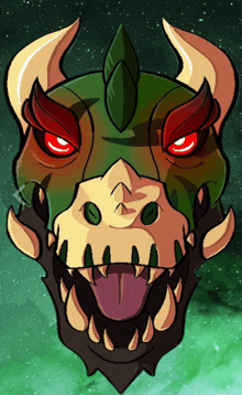 a cartoon drawing of a monster with red eyes and horns