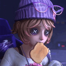a girl wearing a purple hat and glasses is eating a piece of toast