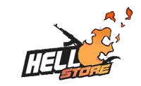 a logo for hell store with a gun and fire