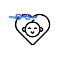 a heart with a baby 's head inside of it with a blue bow .