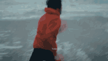 a man in a red jacket is walking along the beach