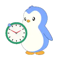a blue and white penguin is holding a green clock with the hands on the numbers 1 and 2
