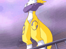 a cartoon drawing of a yellow and white animal with the letter g on its back