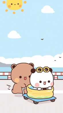 a cartoon of a bear pushing a panda on a cart