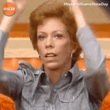a woman with her arms in the air with a buzzr logo in the background