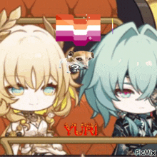 a couple of anime characters standing next to each other with yuri written in red