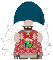 a pixel art of a gnome wearing a red sweater and holding an elf