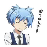 a blue haired anime character with chinese writing on the bottom right