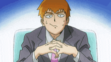 a cartoon drawing of a man in a suit and tie with his hands folded