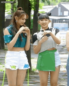 two girls are standing next to each other in a park and one of them is wearing a green skirt with the word no on it .