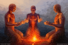 a painting by george redhawk shows a man surrounded by two other men