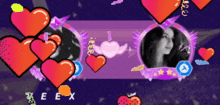 a picture of a woman is surrounded by hearts and the letter e-x