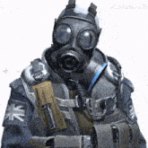 a man wearing a gas mask with the letter ak on his sleeve