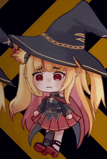 a witch with blonde hair and red eyes is wearing a black hat