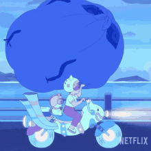 a cartoon character is riding a motorcycle with netflix written on the bottom right