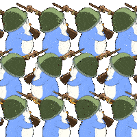 a repeating pattern of penguins holding guns and helmets